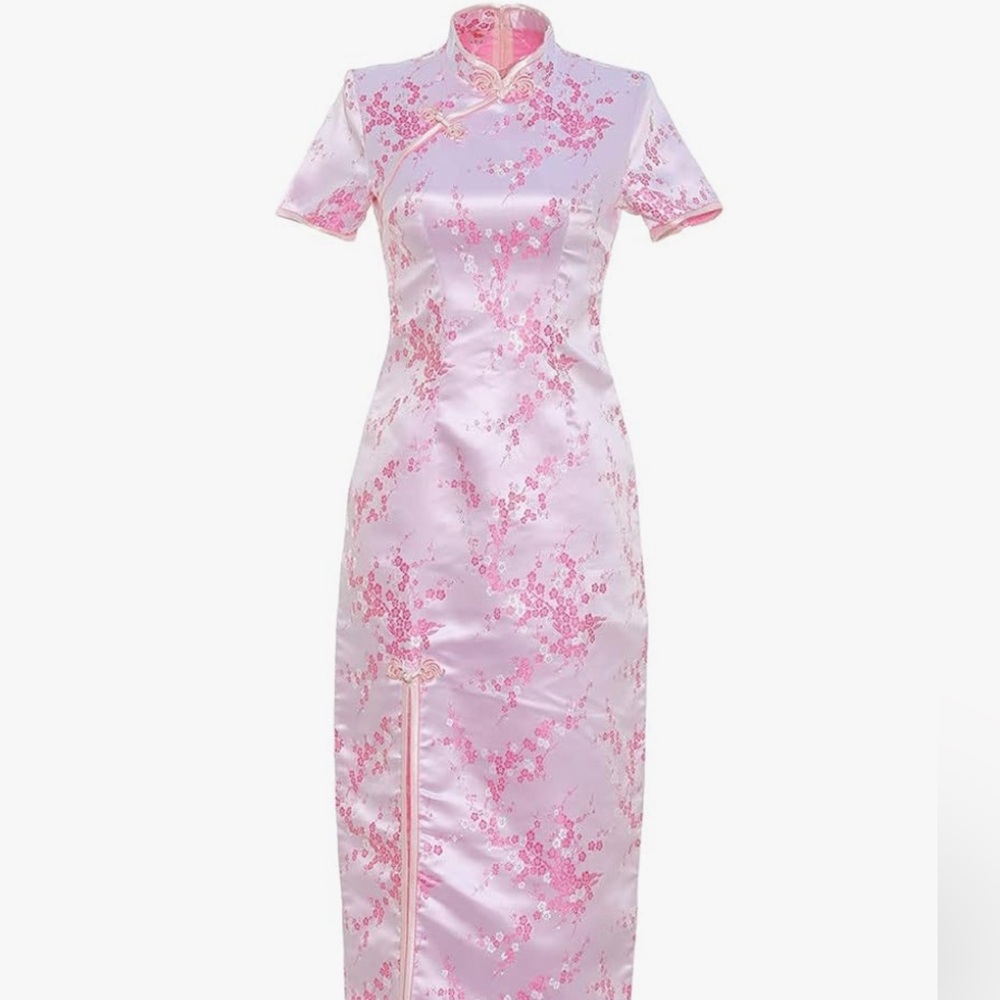 Elegant Pink Floral Cheongsam Dress Traditional Chinese wedding
